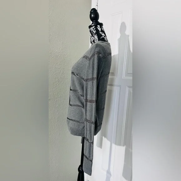 LOFT Sweater sheer silver metallic stripe V neck Size L NWOT - Picture 3 of 8